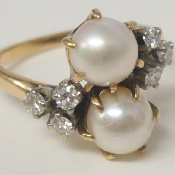 Estate 14K Akoya Pearls Diamond Ring Size 6 - Picture 2 of 12